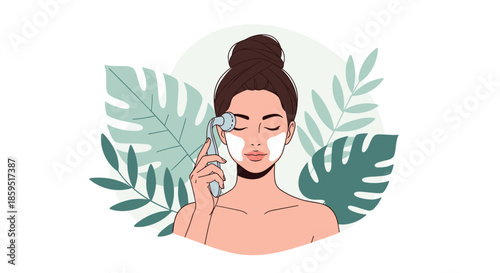 Young woman with her hair wrapped in a towel uses a cooling facial roller for her skincare routine, set against a background of tropical plants.