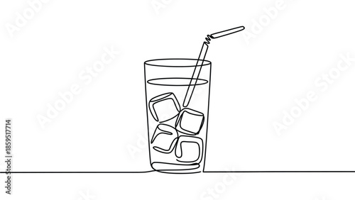 Glass of cold drink with ice cubes and straw line art illustration minimal outline design isolated on white background for refreshment and beverage concepts