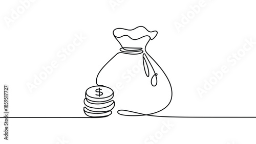 Money bag with dollar coin stack line art illustration minimal outline design isolated on white background for finance, savings and investment concepts