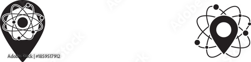 Two distinct black icons depict a location pin combined with atomic or floral designs on a white background