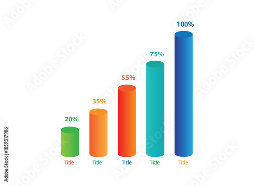 Progressive 3D bar chart with percentage values. Cylinder graph chart infographic elements for app ui ux web.