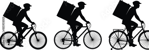 Delivery cyclists with helmets silhouette, urban courier vector, food transport illustration, bicycle logistics clipart, parcel service concept, motion artwork
