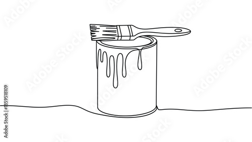 Minimal paint can with dripping paint and brush resting on top line art illustration isolated on white background for renovation and design concepts
