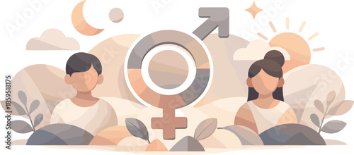 Gender Neutral Abstract. Abstract inclusive scene built from soft shapes and balanced symmetry symbolizing gender neutrality,