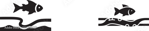 Simple black and white illustration depicts two small fish swimming above wavy lines representing water or a riverbed