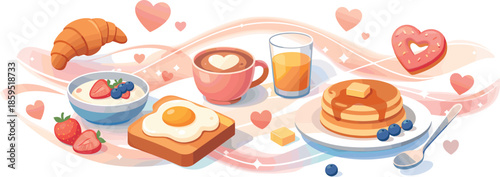 Romantic Breakfast Vibes. Abstract romantic morning scene built from floating breakfast items, heart shapes, and glowing light