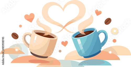 Coffee Love Romance. Abstract coffee romance scene built from floating mugs, heart steam trails, and glowing warm highlights,
