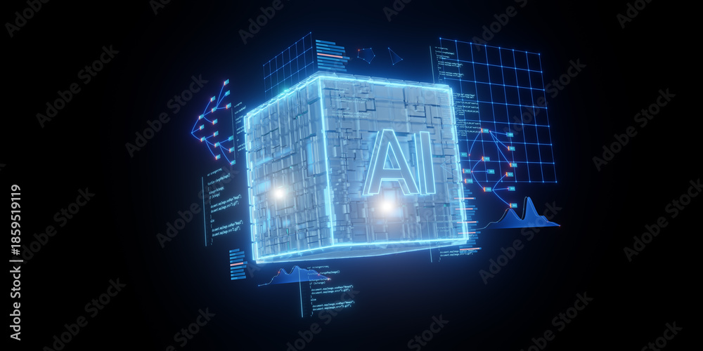Fototapeta premium Artificial Intelligence Cube with Data Visualization