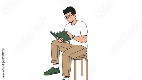 Young man sitting on a wooden stool reading a book in a minimalistic flat illustration