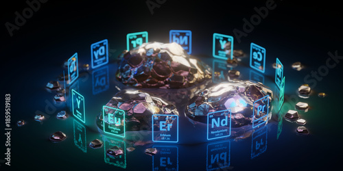 Bilde på lerret Rare Earth Elements with Glowing Periodic Table Symbols