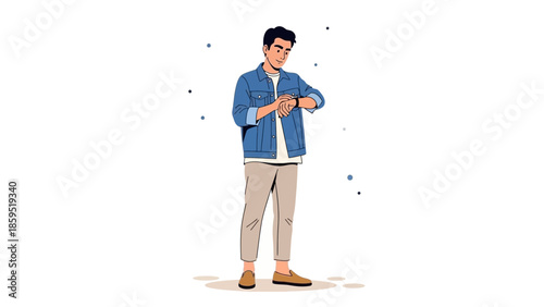 Young man standing and checking his smartwatch in casual attire with a thoughtful expression