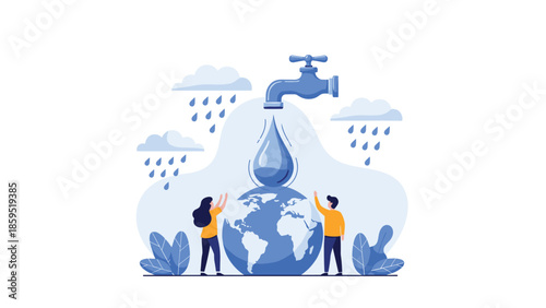 A man and woman support planet Earth under a large dripping faucet, symbolizing the importance of water conservation and protecting natural resources.