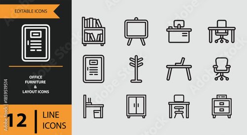 A collection of 12 editable line icons representing essential office furniture and layout elements