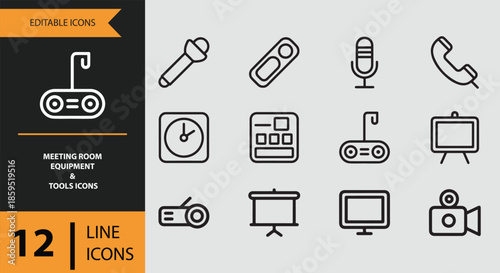 Essential line icons for meeting room equipment and presentation tools