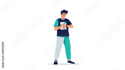 Young man standing and reading a book while holding a smartphone in a casual outfit with a backpack