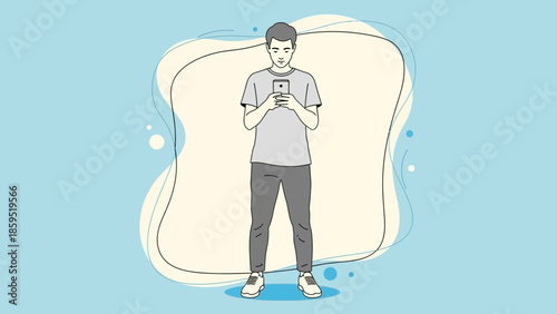 Young man standing and using a smartphone in a minimalist digital illustration