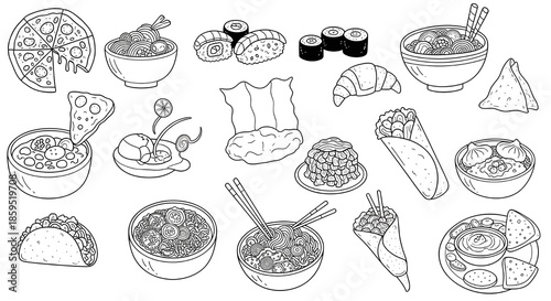Yum Cha Dim Sum Icon Set. A hand drawn vector illustration of traditional Cantonese food and tea. A doodle clipart of a steamer, shumai, and teapot for a restaurant menu and tea house design.
