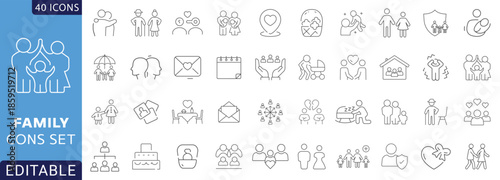 Family line icon set. Contain icons related to grandparents, children, parenthood, adoption, and more. Fully Editable . Vector illustration.
