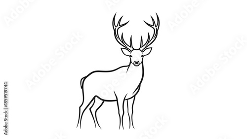 A graceful black line art illustration of a majestic stag with impressive antlers, standing and looking directly forward, isolated on a white background.