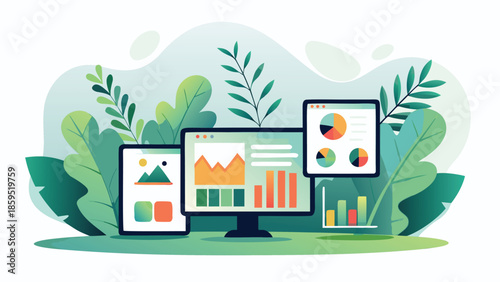 Flat illustration of a green productivity concept with devices and graphs surrounded by leaves and plants for eco friendly business