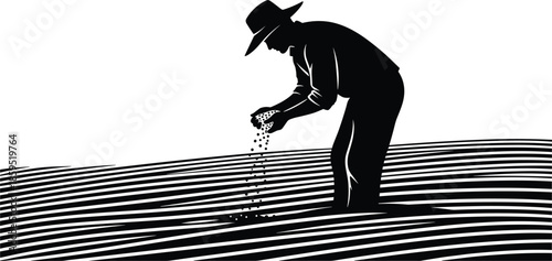 Farmer sowing seeds silhouette, agriculture field vector, manual labor illustration, planting process concept, rural farming clipart, food production art