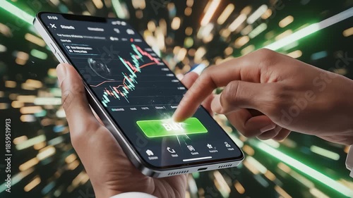 Person Buys Stock on Smartphone App With Futuristic Background