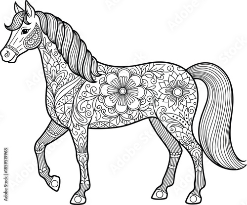 Intricate decorative horse vector illustration with floral patterns, ornate mandala design, adult coloring page art for relaxation creativity