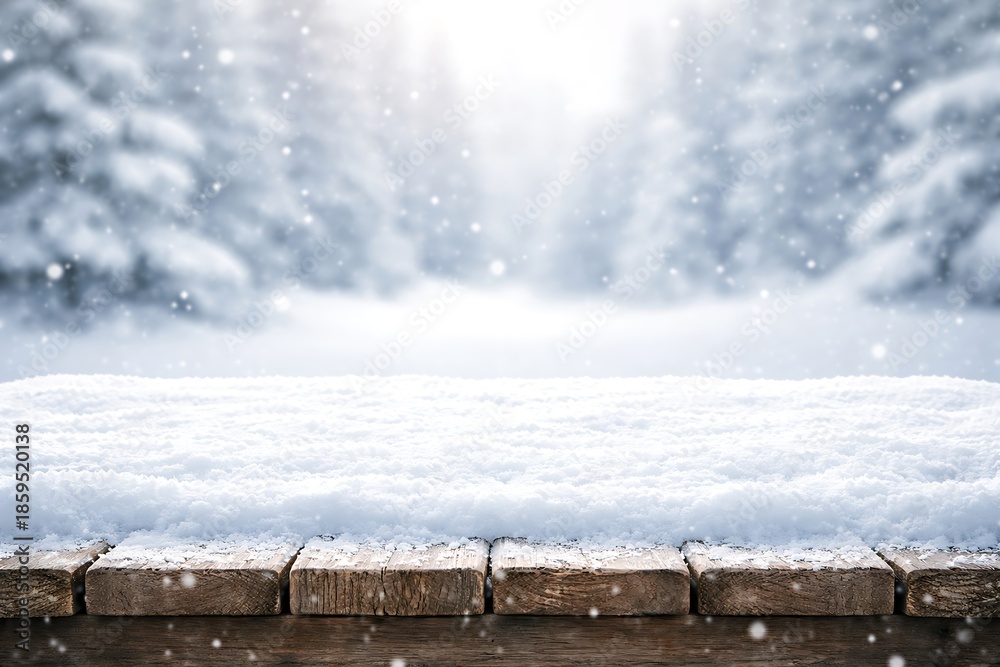 custom made wallpaper toronto digitalWinter snowy wooden table background with falling snow and blurred forest bokeh for product display seasonal mockup and holiday advertising