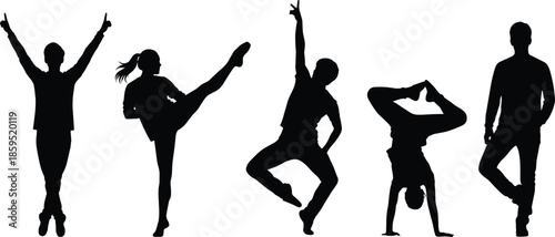 Dynamic silhouettes of diverse dancers jumping, kicking, posing in modern street dance and fitness movements on white background