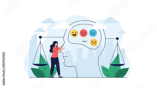 A woman balances different emotions on scales inside a large human head, illustrating the concept of emotional intelligence, mood swings, and mental health.