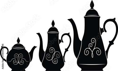Elegant Black Teapot Silhouettes Set Featuring Vintage Coffee and Tea Pots Isolated on White Background for Design Projects Commercial