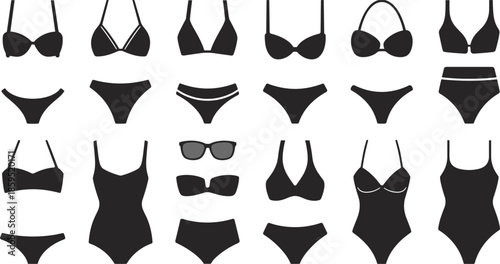 Assortment of black silhouette swimwear icons and sunglasses on a white background Keywords: swimwear, bikini, swimsuit