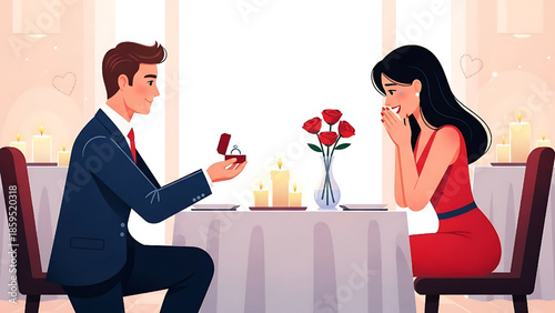 Romantic proposal scene illustration with a man on one knee presenting an engagement ring to a surprised woman during a candlelit dinner, symbolizing love and commitment and a new journey together