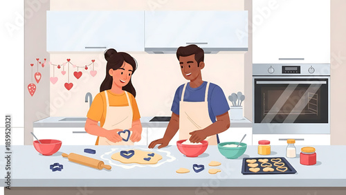 Couple happily baking heart-shaped cookies together in a bright kitchen