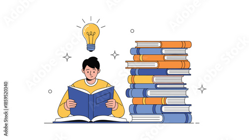 A young man reads a book next to a large stack of books, with a glowing lightbulb above his head symbolizing learning, knowledge, and new ideas.