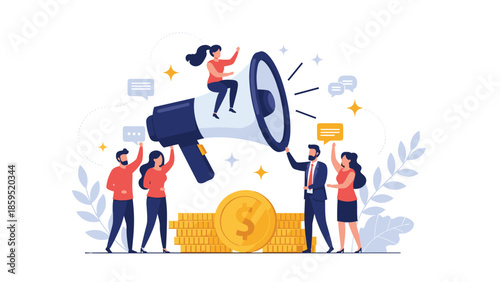 A group of people uses a giant megaphone for marketing and promotion, with gold coins nearby representing business growth and financial success.