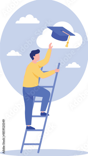 Man climbing ladder to reach graduation cap, symbolizing academic success