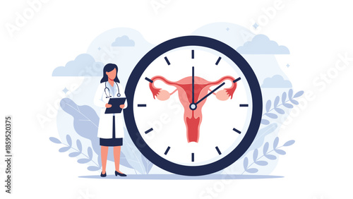 A female doctor stands next to a large clock with a uterus inside, illustrating concepts of the menstrual cycle, women's health, and gynecology.