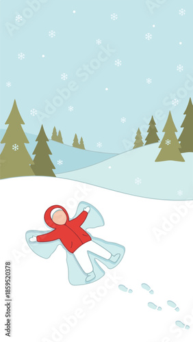 Illustration of a child making a snow angel in a snowy winter landscape