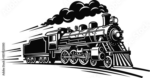 Powerful steam locomotive racing forward with smoke and motion lines isolated black vector illustration symbolizing speed history and railway transport