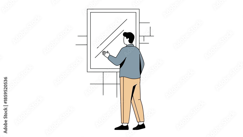 Fototapeta premium Illustration of a person looking into a mirror on an exterior brick wall in a minimalistic style