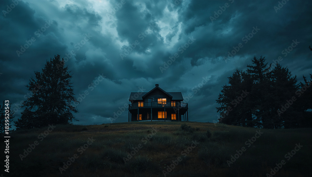 Fototapeta premium Isolated house on a hill under a dramatic stormy sky with warm lights glowing from windows
