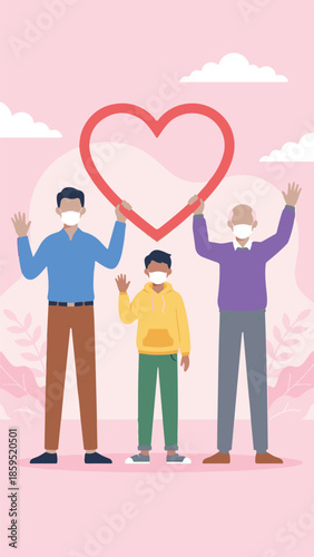 Family of men from different generations wearing face masks and holding a red heart