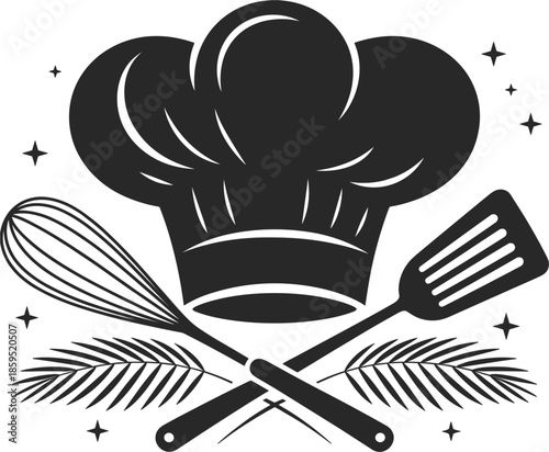 Chef's Hat Whisk and Spatula Crossed with Palm Leaves and Stars chef hat toque blanche