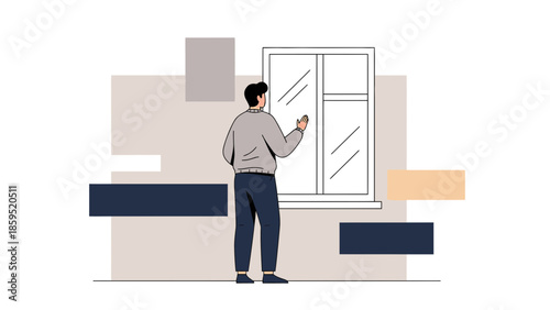 illustration of a person interacting with a large window in a modern interior setting