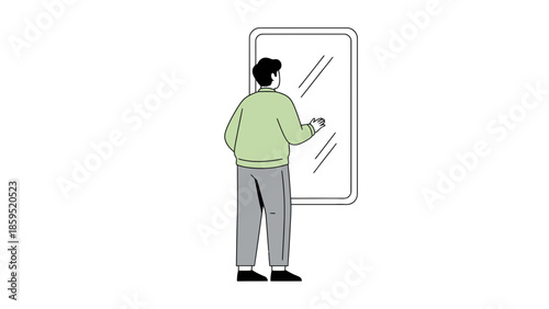 Illustration of a person looking into a mirror on a plain wall with minimalistic design and soft