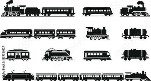 Train silhouettes collection featuring steam diesel electric locomotives and passenger wagons isolated black vector illustration set for railway transport concepts