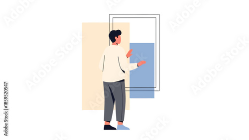 illustration of a person opening a window in a minimalistic style for home ventilation or natural