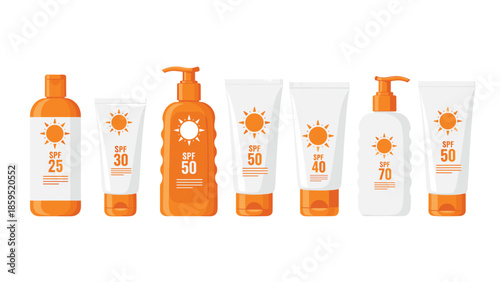 A collection of sunscreen products in various bottles and tubes with different SPF protection levels, illustrating sun care and UV protection.