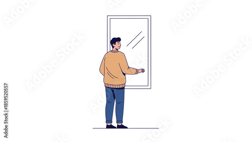 Illustration of a person standing in front of a full-length mirror facing the reflection